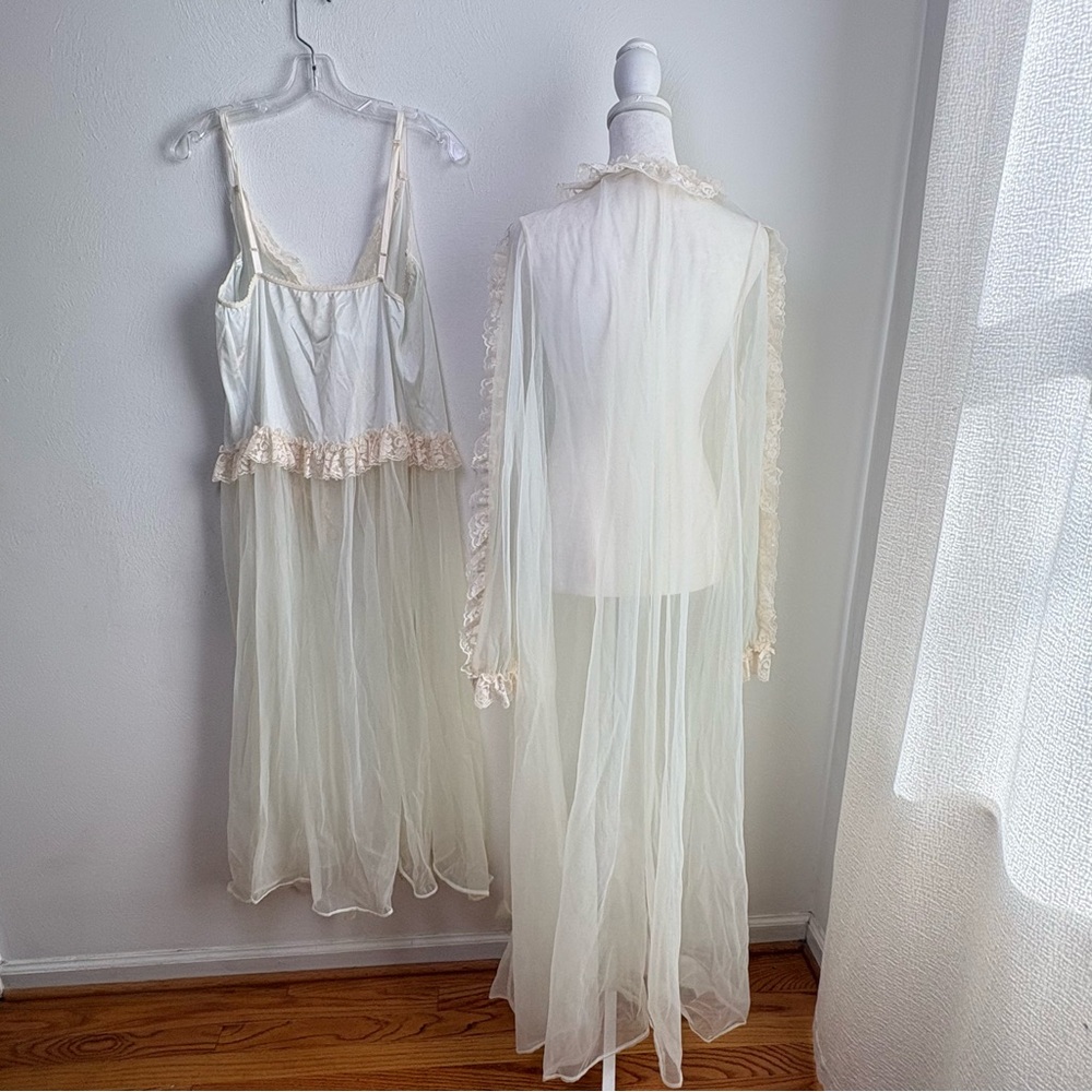 Vintage Ethereal Victorian Chiffon Bridal Wedding Peignoir Nightgown Robe Set 2X - Picture 11 of 17